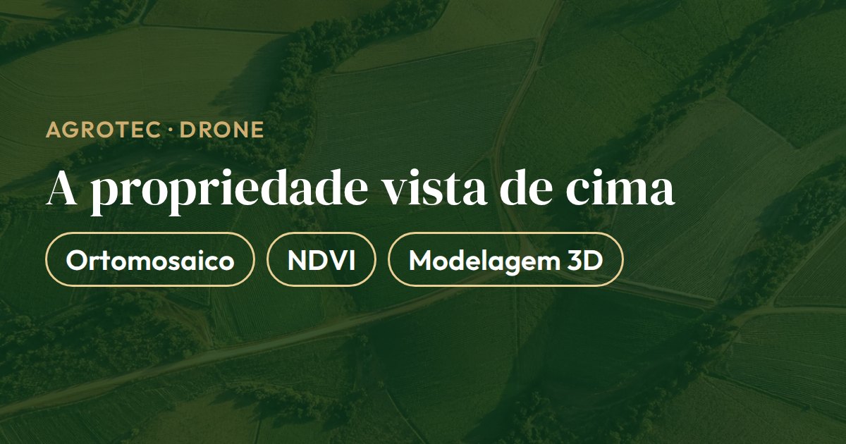 Cartão com os produtos da imagem aérea com drone para propriedade rural: ortomosaico, NDVI e modelagem 3D
