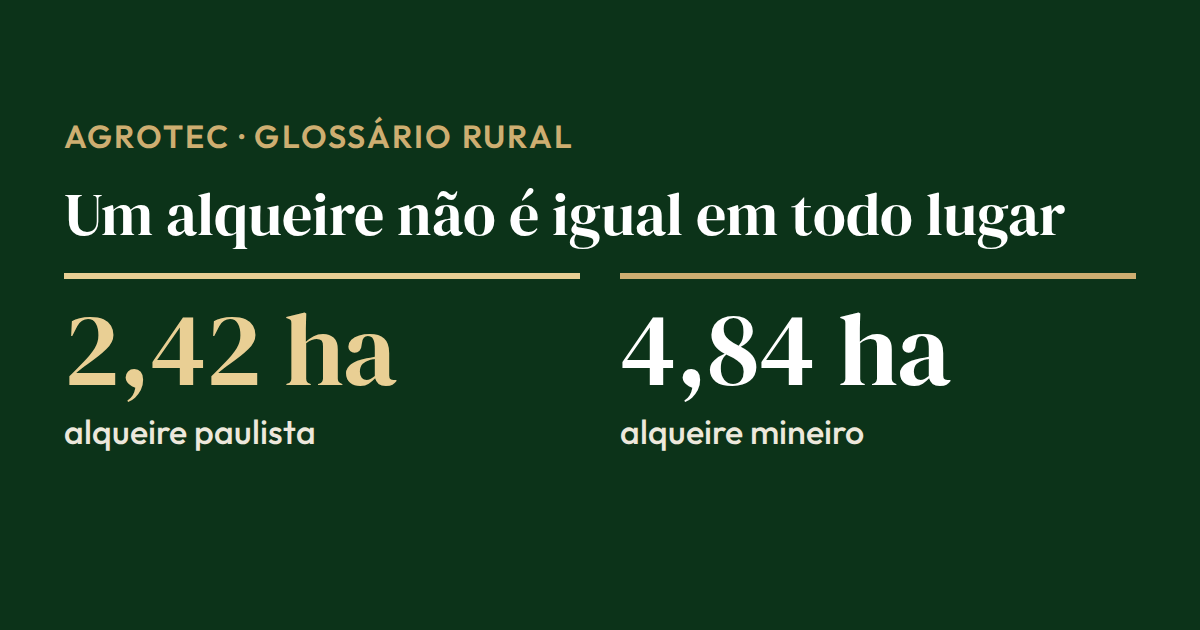Cartão comparando os alqueires em hectares: o alqueire paulista equivale a 2,42 hectares e o mineiro a 4,84 hectares