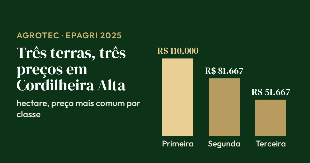 Gráfico de barras do hectare em Cordilheira Alta (SC) por classe de terra: primeira R$ 110.000, segunda R$ 81.667 e terceira R$ 51.667 (Epagri, 2025)
