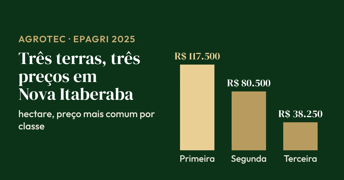 Gráfico de barras do hectare em Nova Itaberaba (SC) por classe de terra: primeira R$ 117.500, segunda R$ 80.500 e terceira R$ 38.250 (Epagri, 2025)