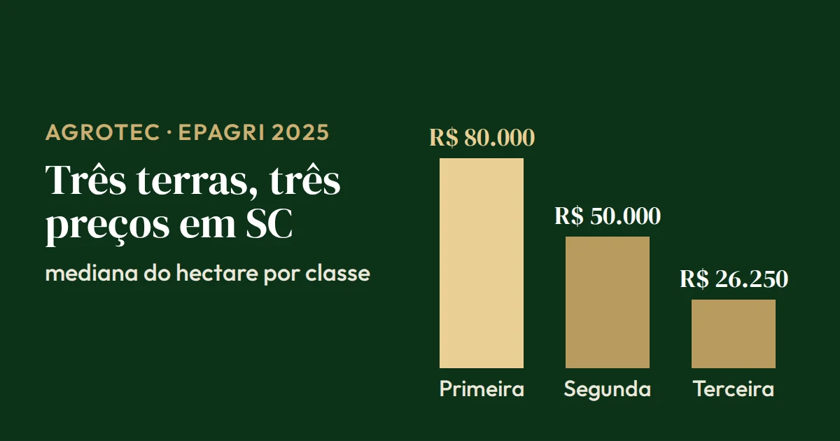 Gráfico de barras da mediana do hectare em Santa Catarina por classe de terra: primeira R$ 80.000, segunda R$ 50.000 e terceira R$ 26.250 (Epagri, 2025)