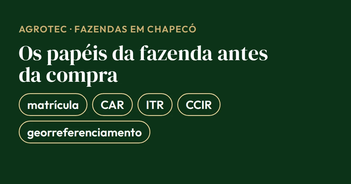 Cartão com os documentos do imóvel para comprar uma fazenda em Chapecó: matrícula atualizada, CAR, ITR em dia, CCIR e georreferenciamento