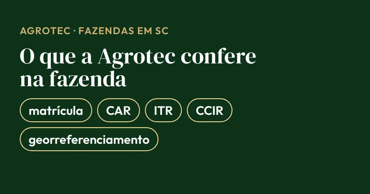 Cartão com os documentos que a Agrotec confere na compra de uma fazenda em Santa Catarina: matrícula, CAR, ITR, CCIR e georreferenciamento