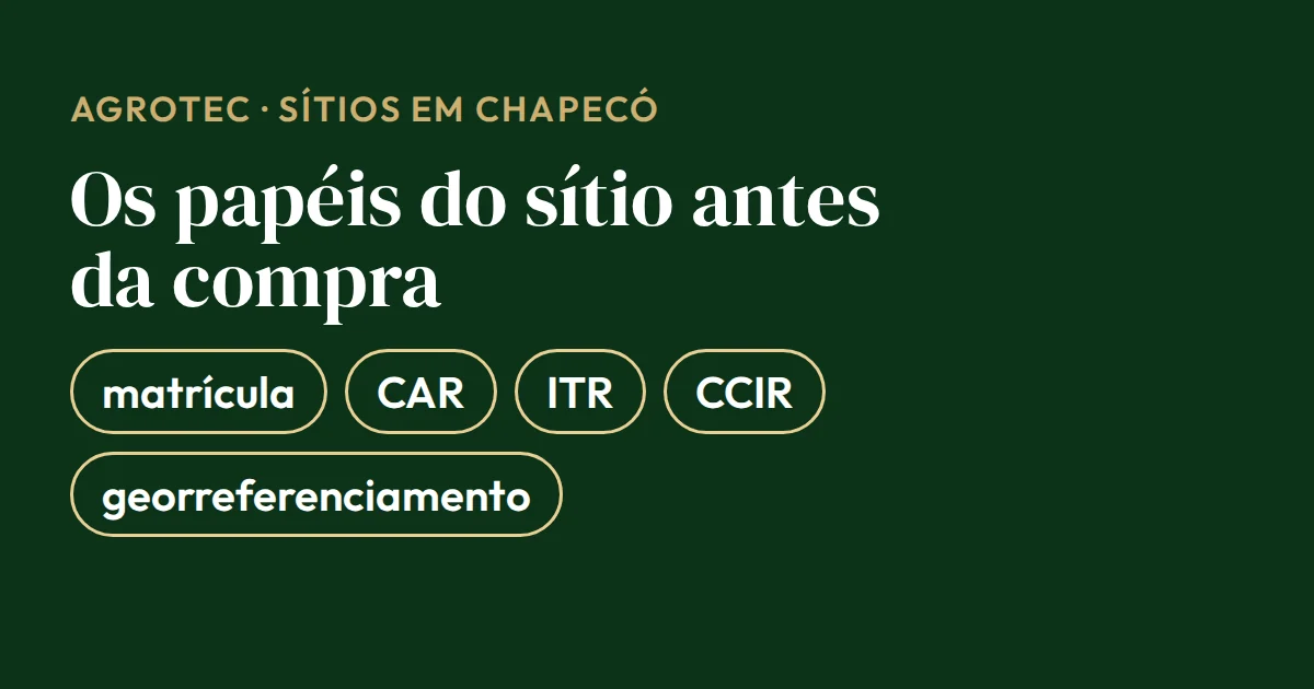 Cartão com os documentos do imóvel para comprar um sítio em Chapecó: matrícula atualizada, CAR, ITR em dia, CCIR e georreferenciamento