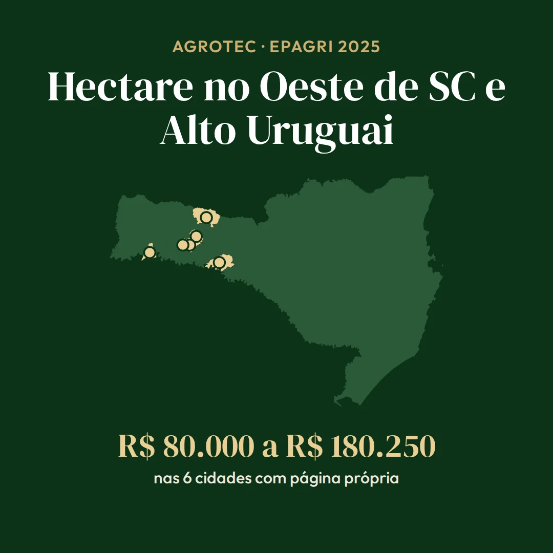 Mapa de Santa Catarina com as cidades do Oeste e do Alto Uruguai em destaque; o hectare de terra de primeira vai de R$ 80.000 a R$ 180.250 (Epagri, 2025)