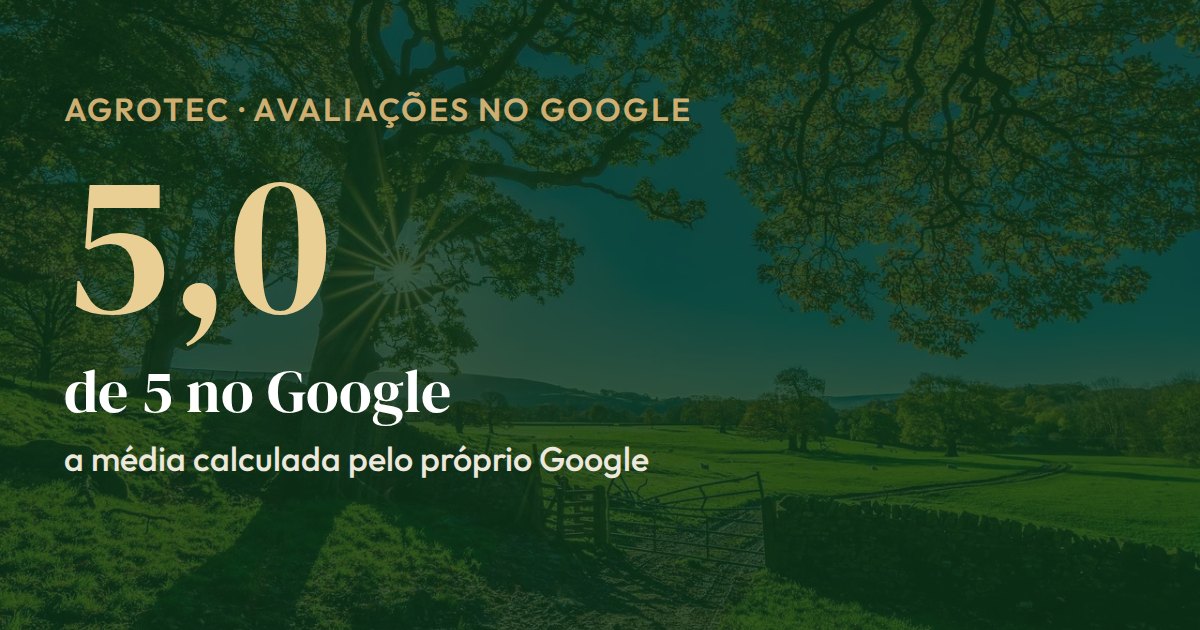 Cartão com a nota da Agrotec Imobiliária no Google: 5,0 de 5, a média calculada pelo próprio Google a partir das avaliações dos clientes
