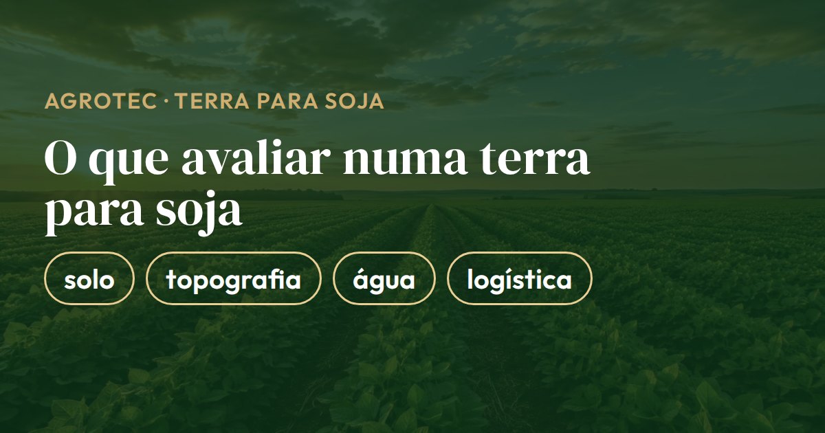 Cartão com o que avaliar numa terra para plantar soja: qualidade do solo, topografia, acesso à água e logística