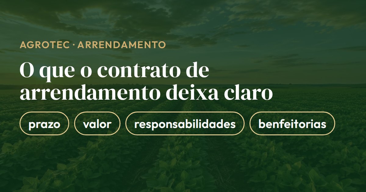Cartão com o que o contrato de arrendamento rural precisa deixar claro: prazo, valor, responsabilidades e benfeitorias