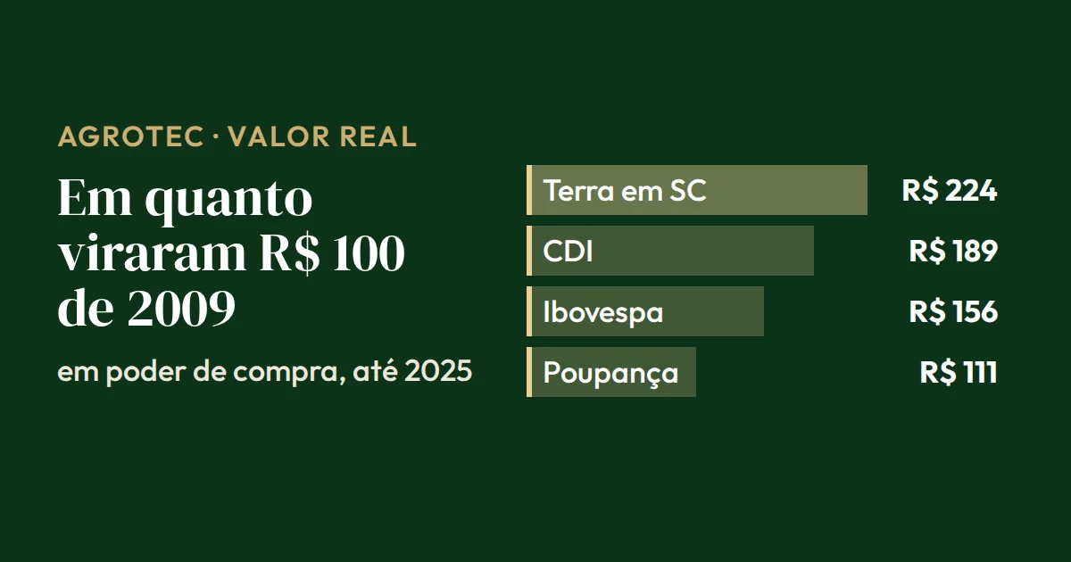 Gráfico de barras: sem a inflação, R$ 100 de 2009 viraram R$ 224 na terra em SC, R$ 189 no CDI, R$ 156 no Ibovespa e R$ 111 na poupança (Epagri, Bacen, B3, IBGE)
