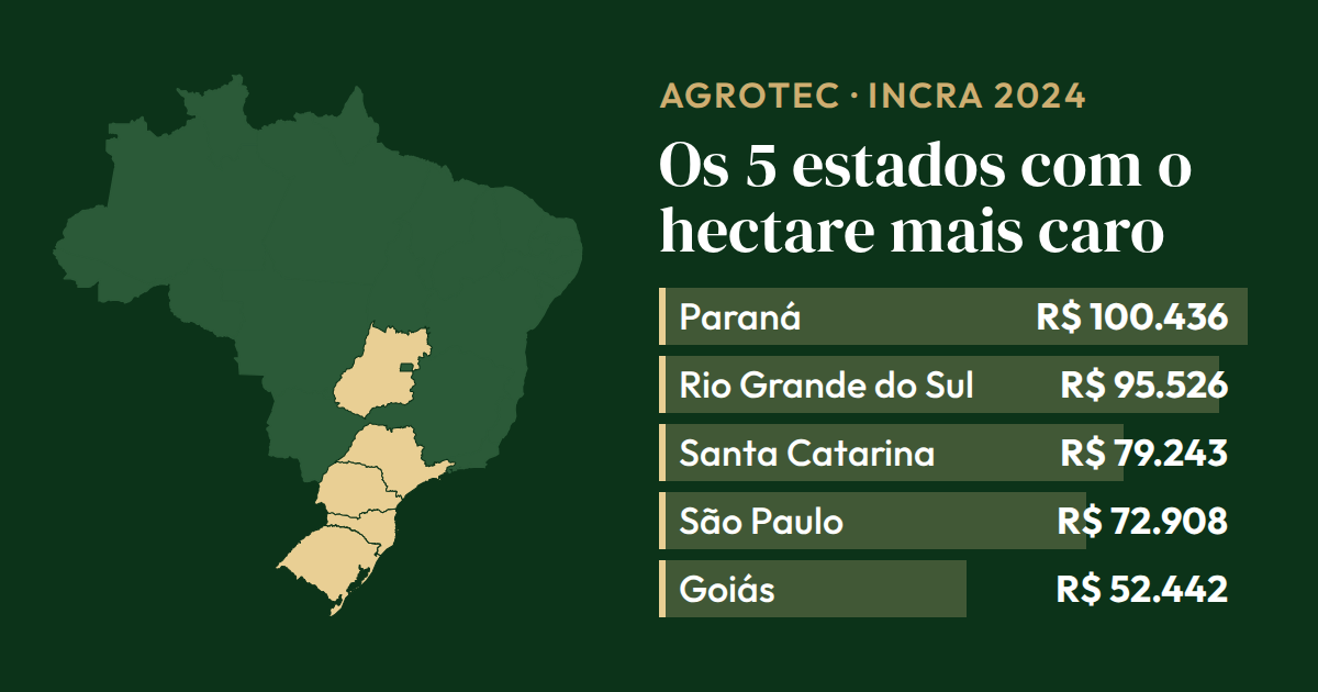 Gráfico de barras sobre o mapa do Brasil com os 5 estados de hectare mais caro: Paraná, Rio Grande do Sul, Santa Catarina, São Paulo e Goiás (INCRA, dezembro de 2024)