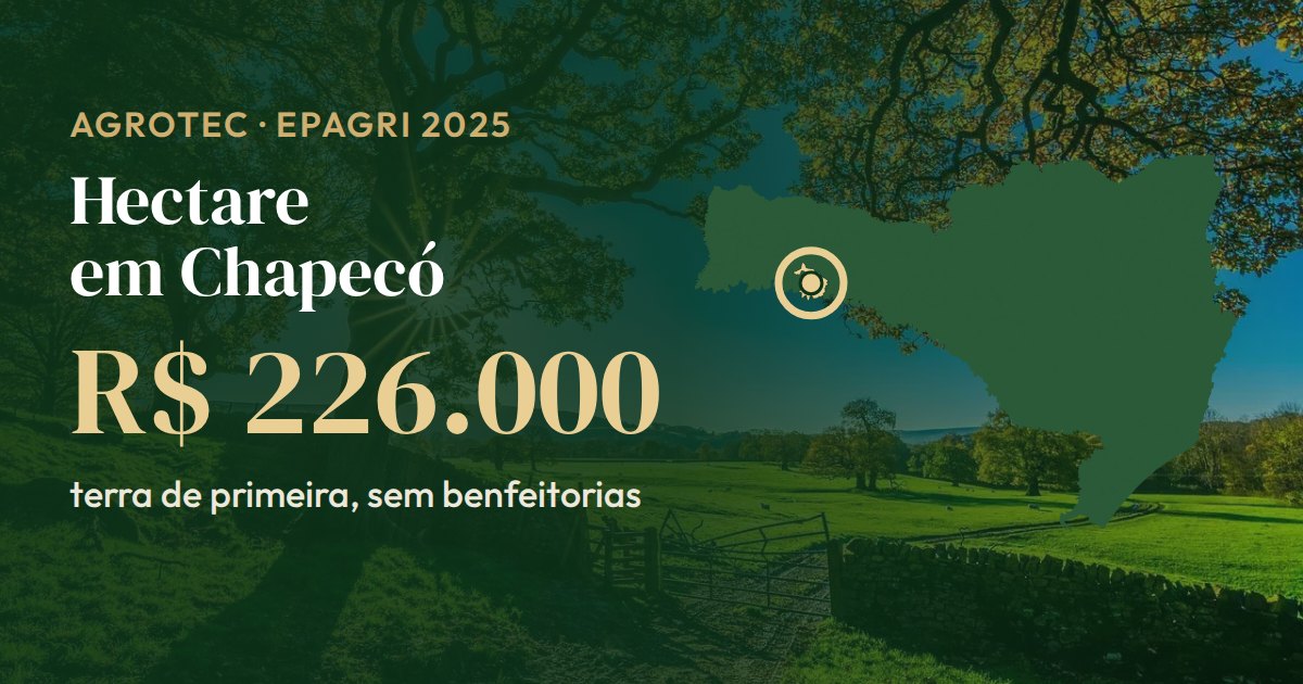 Mapa de Santa Catarina com Chapecó em destaque: o hectare de terra de primeira tem preço mais comum de R$ 226.000 (Epagri, 2025)