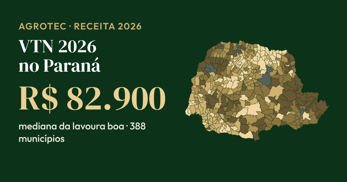 Mapa do Paraná pintado pelo VTN de lavoura boa informado à Receita para o ITR 2026; mediana de R$ 82.900 por hectare entre 388 municípios