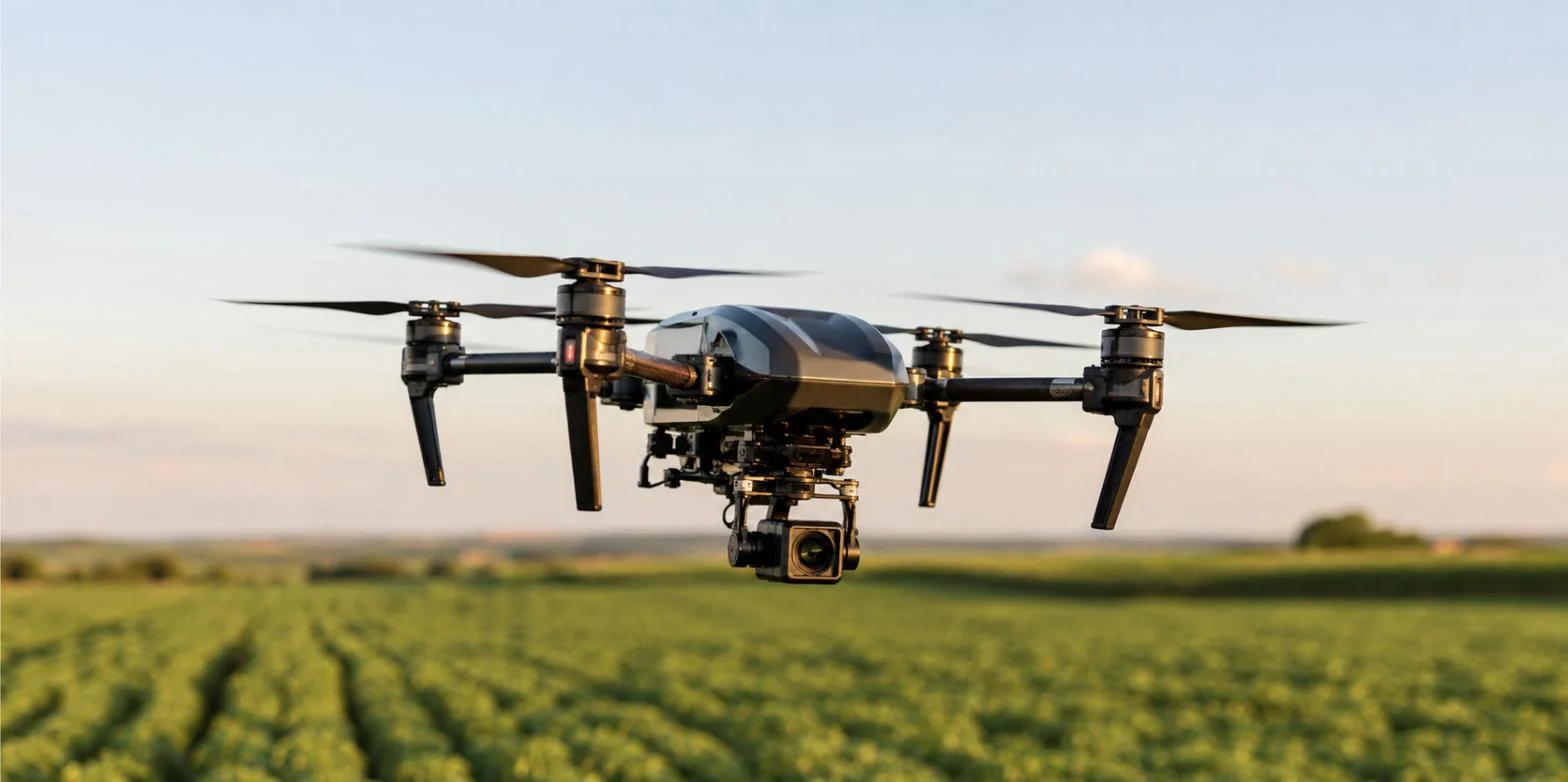 Drone profissional sobrevoando lavoura para captura de imagem aérea