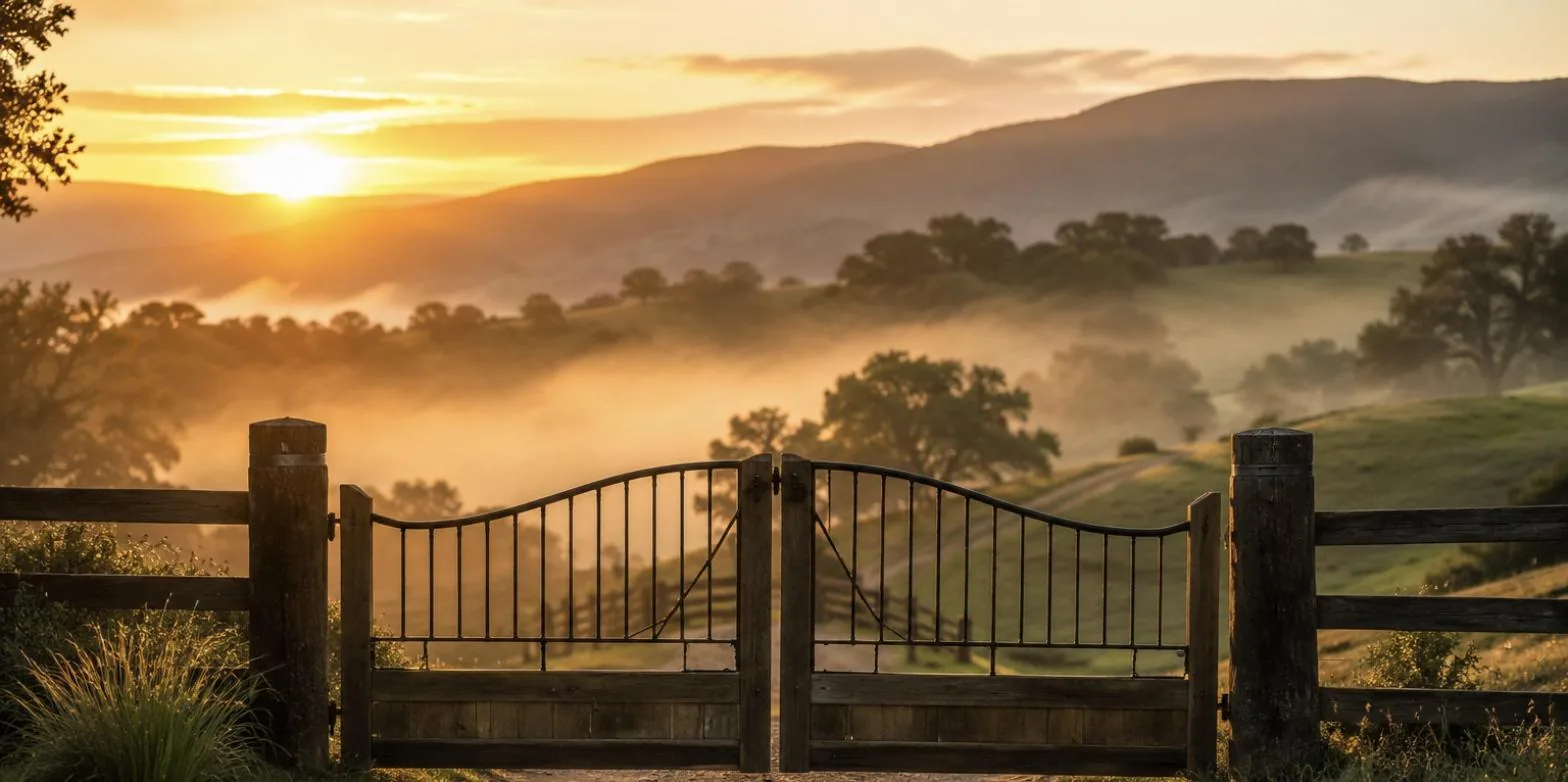 Portão rural fechado ao amanhecer, simbolizando privacidade e acesso exclusivo para venda de propriedades rurais de alto valor