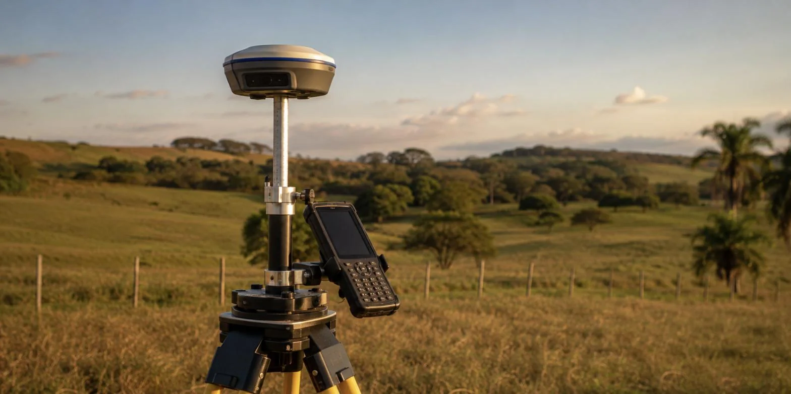Equipamento de topografia GPS/GNSS em campo para georreferenciamento rural